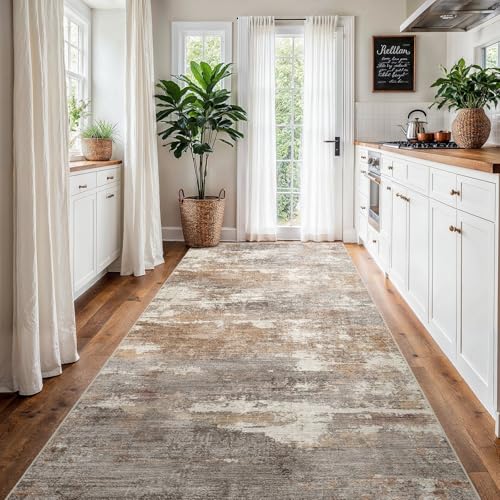 4x8 Runner Rug Washable Abstract (Brown/Brick / 4' x 8')