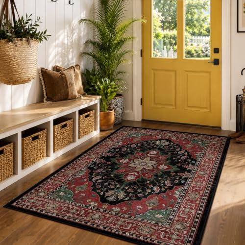 Washable Area Rug (Red / Black / 5' x 7' (Rectangular))