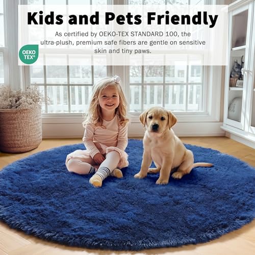 Navy Blue Fluffy Round Rug Circle Area Rugs 4ft for Boys Kids Teen Bedroom (Navy Blue / 4' (Round))