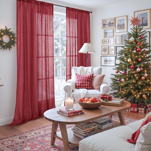 Long Linen Semi Sheer Curtains 102 Inch Length for Living Room (Burgundy / 52"W x 102"L (Pack of 2))