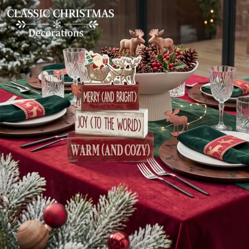 4 Pcs Christmas Table Decoration for Home Wooden Santa Sleigh Signs (Santa Claus Gifts)
