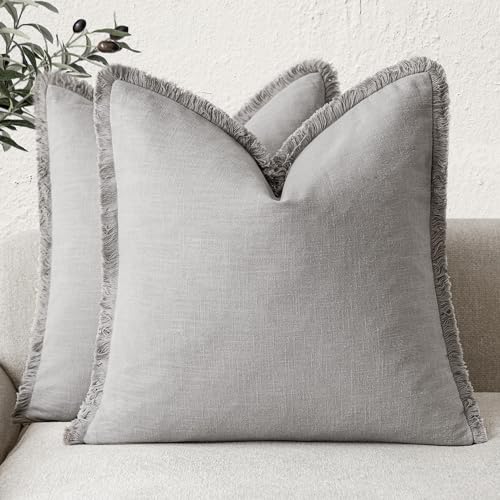 Decorative Linen Fringe Throw Pillow Covers 24×24 Light Gray (24" x 24" (Pack of 2) / Quiet Gray)