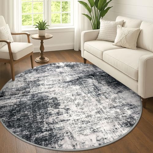 Abstract Round Area Rug 6 Ft Washable Circle Rugs Large Round Rug Non Slip Thin Soft Circle Rugs (Black/Grey/White / 6' x 6' (Rectangular))