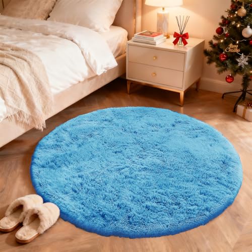 Bright Blue Round Rugs for Bedroom (4 Ft Round / Bright Blue)