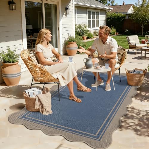 Easy Jute 3x5 Outdoor Scalloped Rug Washable Entryway Rug Blue (3'*5'(Rectangular) / Blue)