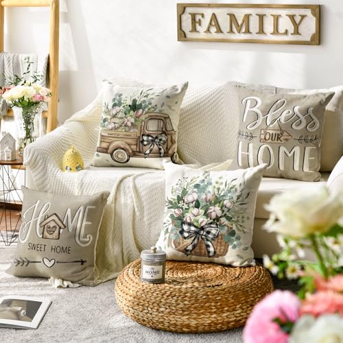 Bless Our Home Sweet Home Farmhouse Eucalyptus Leaves Throw Pillow Covers (Brown / 20" x 20" (Pack of 4))