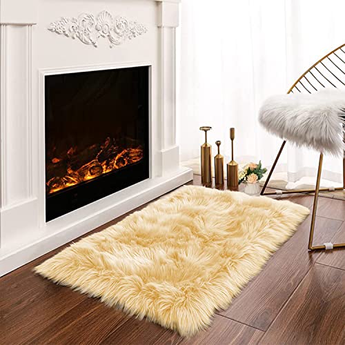 Yellow Fur Rugs Small 2x3 Area Faux Sheepskin Rug Throw for Sofa Cushion Chair Fluffy Rug Carpet for Bedroom Dorm Room Home Décor Rectangle (2' x 3' (Rectangular) / Light Yellow)