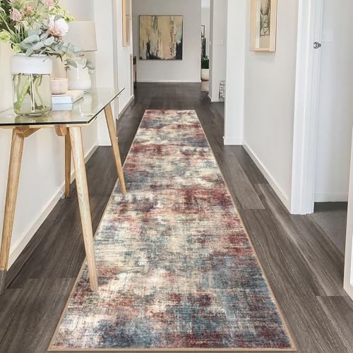 Abstract Runner Rug 2x10 Ft Washable Runners for Hallways (Red/Multi / 2' x 10' (Rectangular))