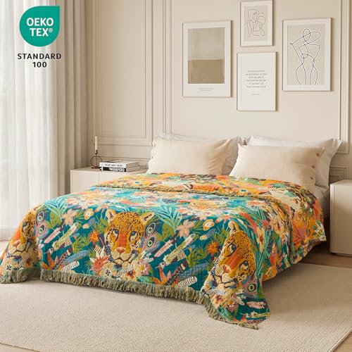 Boho Throw Blanket 50"x60" Fall Cotton Leopard Animals Blanket (Leopard Forest / 50"x60")