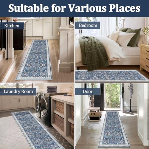 2x6 Washable Hallway Runner Rug Non Slip Floral Carpet (Blue / 2' x 6')