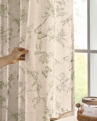 Floral Linen Curtains for Living Room 63 Inch Length Butterfly Sage Green Floral Curtains French Country Farmhouse Flower Patterned Drapes Window Treatments Set 2 Panels (Flower Sage Green / 50"W x 63"L (Pack of 2))