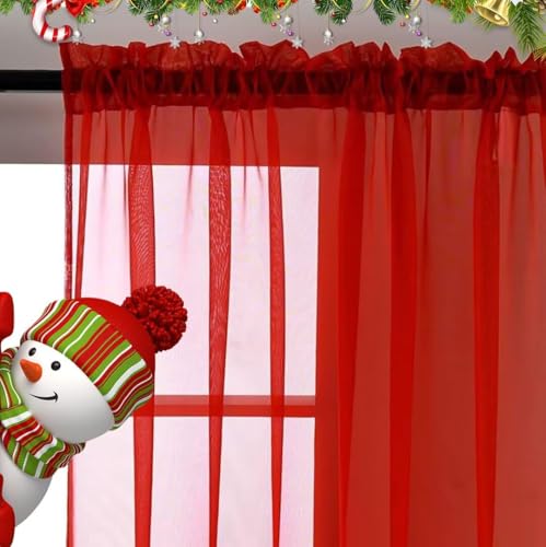 Basic Rod Pocket Sheer Voile Window Curtain Panels White 1 Pair 2 Panels 70 Width 63 Inch Long for Kitchen Bedroom Children Living Room Yard (Red / 70"W x 63"L (Pack of 2))