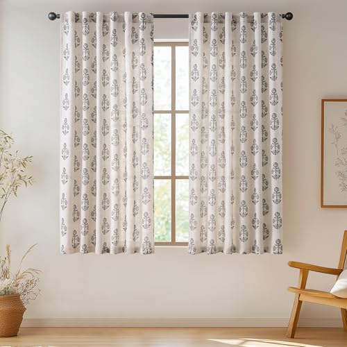 Floral Linen Black Curtains 63 Inch Vintage Back Tab 2 Panels (*Floral Black / 50"W x 63"L (Pack of 2))