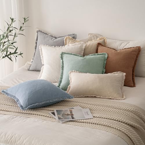 Boho Linen Fringe Decorative Throw Pillow Covers Light Blue 18x18 (18" x 18" (Pack of 2) / Light Blue)