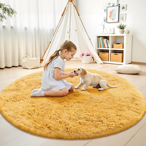 Mustard Yellow Round Rugs for Bedroom (6 Ft Round / Mustard Yellow)