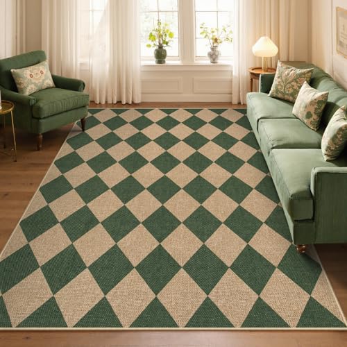 Checkered Easy Jute 5x7 Outdoor Rug (5' x 7' (Rectangular) / Deep Green/Nature-2)