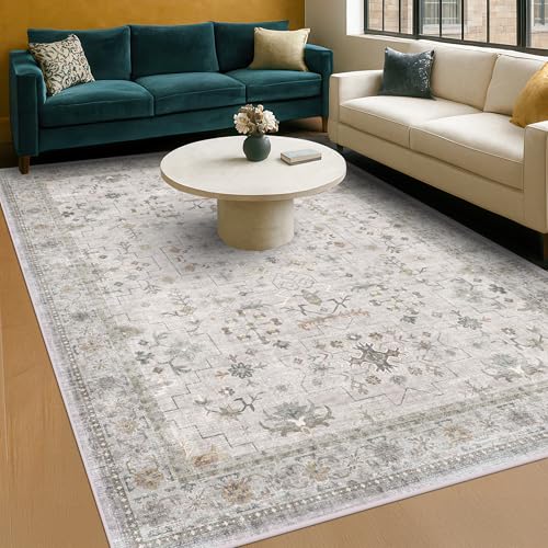 Washable Light Gray & Sage Living Room Rug 6x9 (6' x 9' (Rectangular) / Light Gray / Sage)