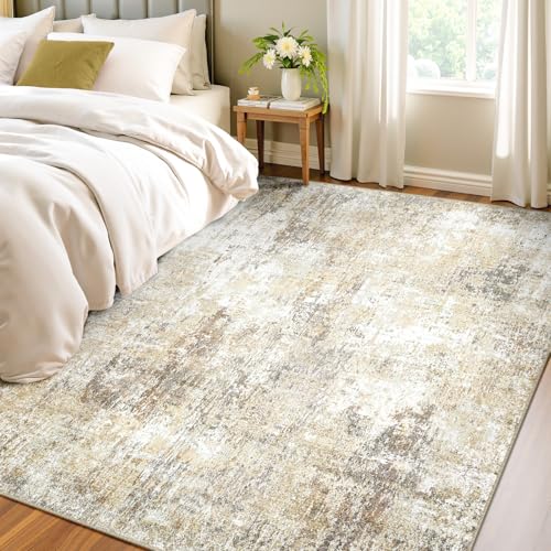 Washable 4'x6' Abstract Area Rug for Living Room Neutral Brown (Gray/Neutral Brown / 4' x 6' (Rectangular))
