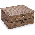2 Packs FLat Woven Wicker Basket Bin with Lid (Large+Large / Coffee)