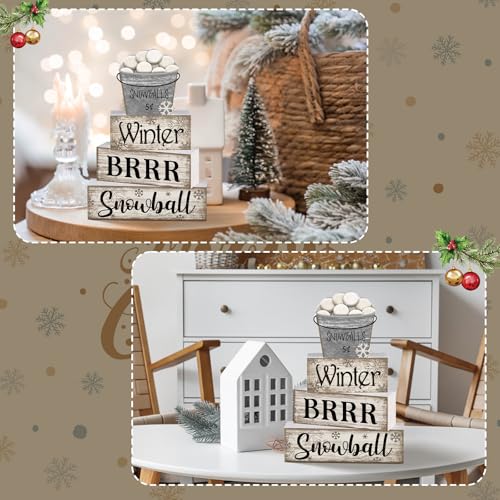 4 Pcs Winter Wooden Block Signs Farmhouse Table Decoration (Snow Bucket)