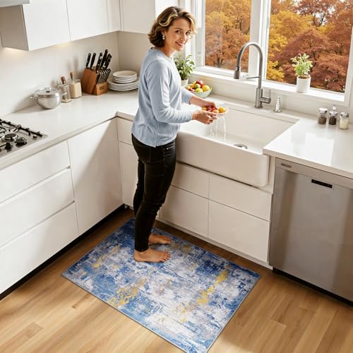 Washable 2'x3' Abstract Area Rug for Living Room Blue Gold (Blue/Gold / 2' x 3' (Rectangular))