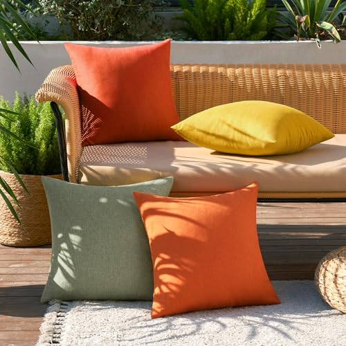 Pack of 4 Decorative Outdoor Throw Pillow Covers Linen Waterproof Pillow Covers Summer Farmhouse Cushion Cases for Patio Garden Tent Balcony Couch Sofa 16x16 Inch Rust Green (16" x 16" (Pack of 4) / Rust Green)