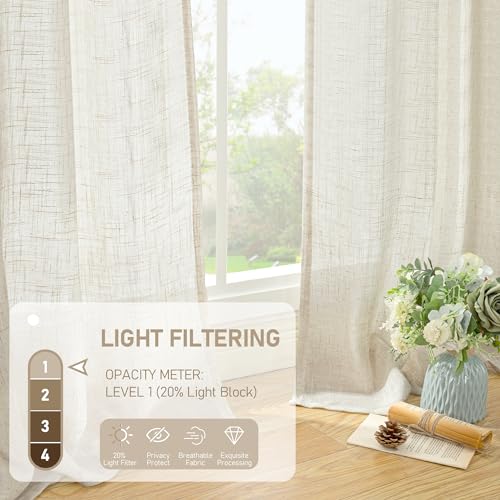 Cream 90 Inch Long Linen Sheer Curtains 2 Panels Set for Living Room (52"W x 90"L (Pack of 2) / Natural)
