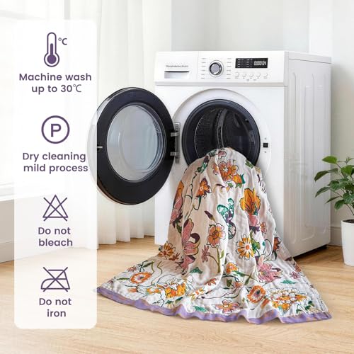 Boho Throw Blanket 90"x90" Fall Cotton Floral Queen Size Blanket (Bloom Butterfly / 90"x90")