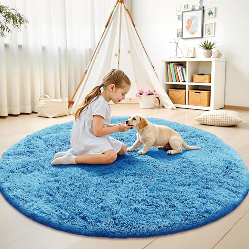Bright Blue Round Rugs for Bedroom (5 Ft Round / Bright Blue)