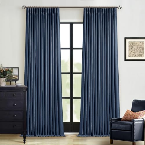 Dark Blue Pinch Pleated 100% Blackout Linen Bedroom Curtains 96 Inch Length (Navy / 40"W x 96"L (Pack of 2))