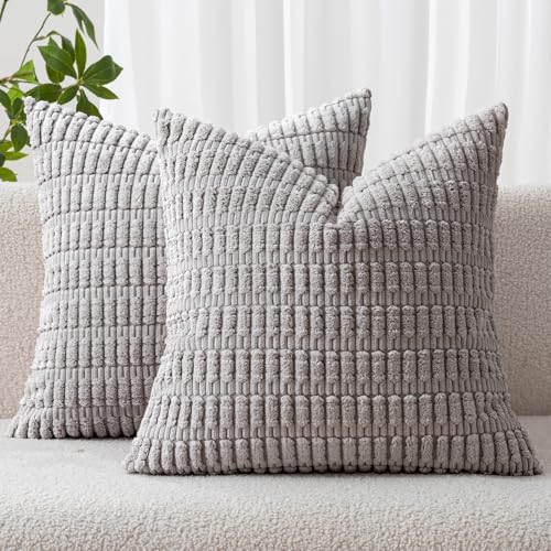 Corduroy Decorative Throw Pillow Covers 16x16 Light Grey Pack of 2 (Light Grey / 16" x 16" (Pack of 2))
