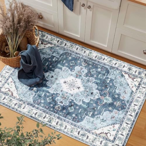 2x3 Washable Non Slip Boho Small Area Rug for Entryway (Vintage Blue / 2' x 3' (Rectangular))