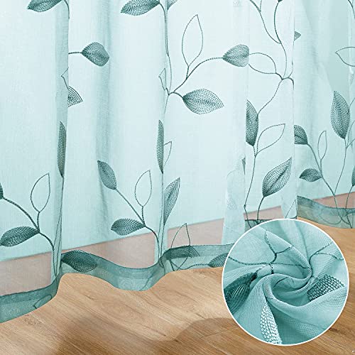 Turquoise Sheer Curtains Leaf Embroidered (52"W x 63"L (Pack of 2) / 5-turquoise)