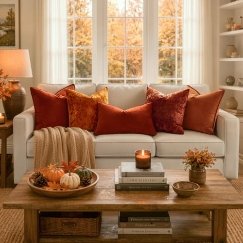 Fall Decorative Burnt Orange Velvet Throw Pillow Covers 16x16 Inch (16" x 16" (Pack of 2) / Burnt Orange)