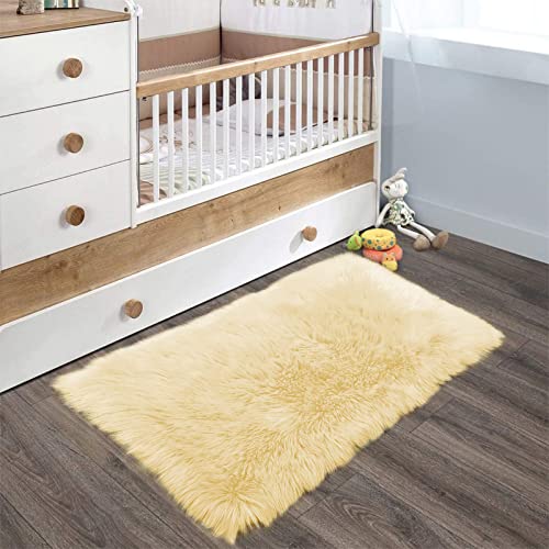Yellow Fur Rugs Small 2x3 Area Faux Sheepskin Rug Throw for Sofa Cushion Chair Fluffy Rug Carpet for Bedroom Dorm Room Home Décor Rectangle (2' x 3' (Rectangular) / Light Yellow)