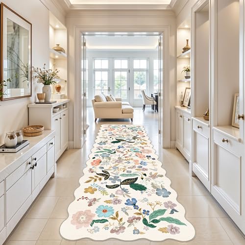 Washable 4x12 Wide Area Rug (4' x 12' (Rectangular) / Cream/Floral)