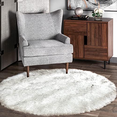 Circle Rugs 6.7ft for Living Room White with Grey Tips Faux Sheepskin Fur Round Rugs for Bedroom Fluffy Washable Rug Cute Home Décor (6'7" (Round) / White With Grey Tips)