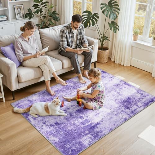 Washable 4'x6' Abstract Area Rug for Living Room Purple (Purple/Gray/Pink/White / 4' x 6' (Rectangular))