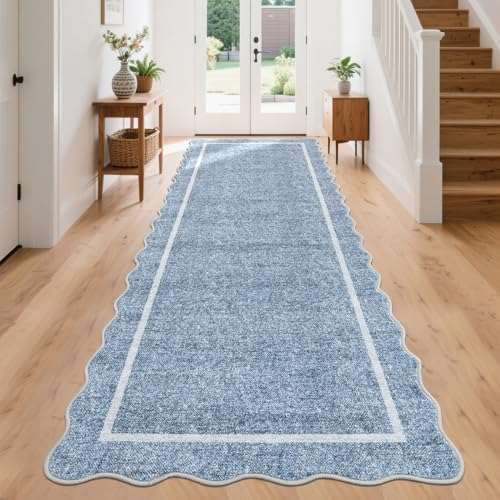 Scalloped Washable Runner Rug 2x10 Non Slip Kitchen Rugs (Blue / 2' x 10' (Runner))