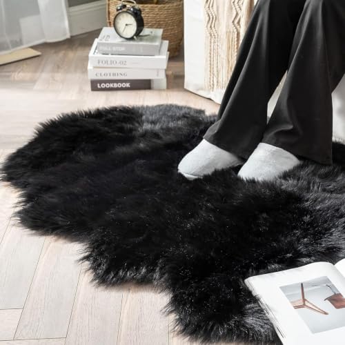 Fluffy Area Rug 3x5 ft Faux Fur Sheepskin Rug for Bedroom Black (3' x 5' (Sheepskin) / Black)