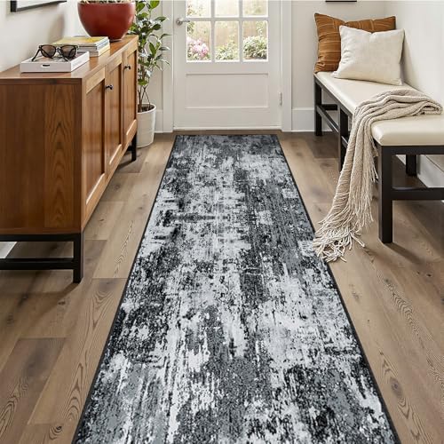 Washable Runner 2'x10' Abstract Area Rug for Hallway Black White (Black/Navy Blue/Gray / 2' x 10' (Runner))