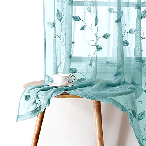 Turquoise Sheer Curtains Leaf Embroidered (52"W x 63"L (Pack of 2) / 5-turquoise)