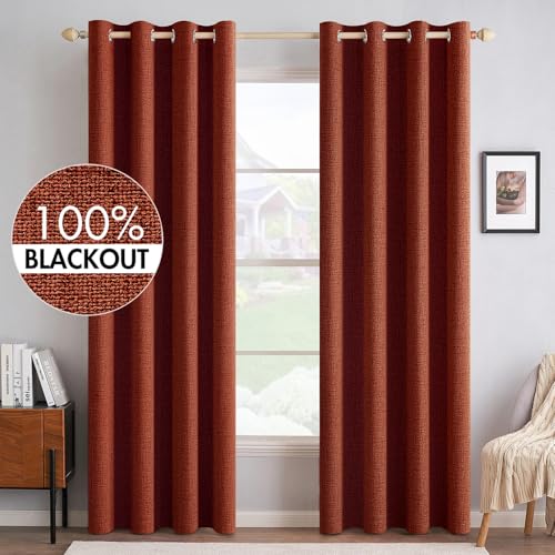 100% Blackout Linen Curtains for Bedroom 52x108 Inches Burnt Orange (Burnt Orange / 52"W x 108"L (Pack of 2))