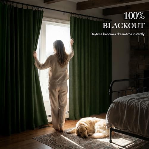 Olive Green 100% Blackout Linen Curtains 108 Inch for Dining Room (Olive Green / 52"W x 108"L (Pack of 2))