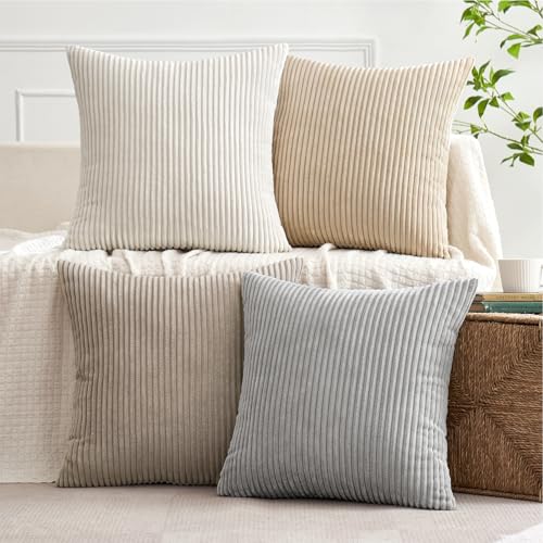 Soft Corduroy Decorative Throw Pillow Covers Neutral Tan 18x18 (18" x 18" (Pack of 4) / Neutral Tan)