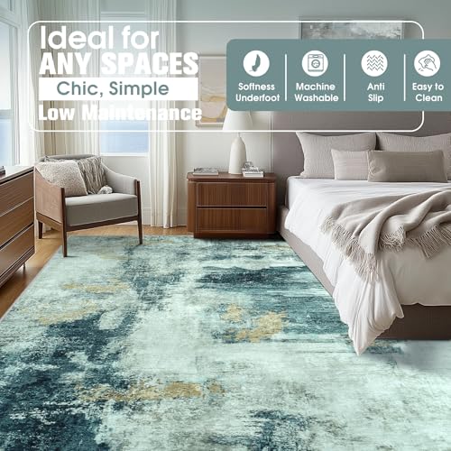 9x12 Area Rugs for Living Room Washable Bedroom Dining Room Teal Grey Gold (Teal Grey/Gold / 9' x 12' (Rectangular))