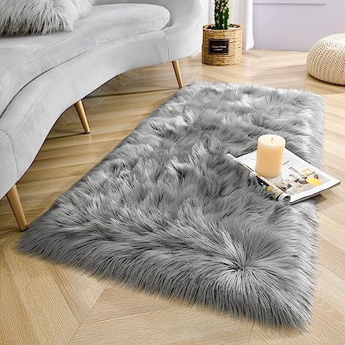 Soft Fluffy Faux Fur Rugs for Bedroom Bedside Rug 2x4 Feet (Grey / 2' x 4' (Runner))