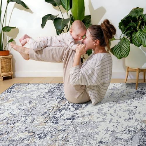 Washable 5x7 Area Rug with Non (Blue White Gold / 5' x 7' (Rectangular))