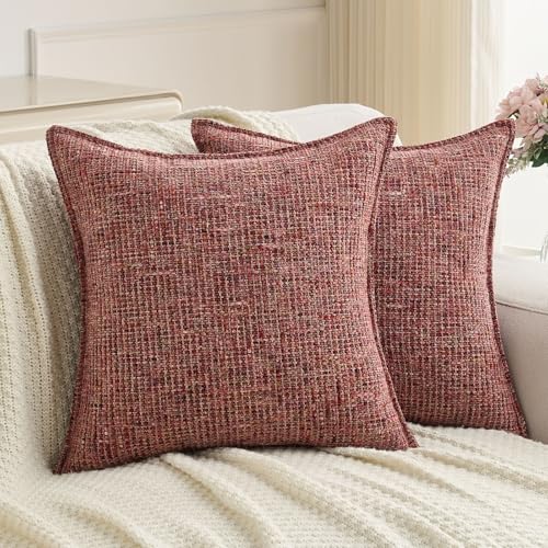 Pack of 2 Tweed Chenille Throw Pillow Covers 16x16 Inch (Burgundy / 16" x 16" (Pack of 2))