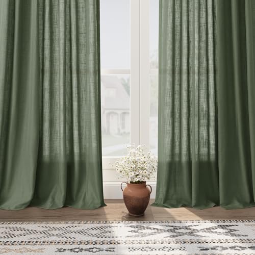 Olive Green Linen Blend Semi Sheer Light Filtering Curtains 86 Inches Long 2 Panel Set Pocket Back Tab Privacy Home Decor Curtain Drapes for Bedroom Living Room 52x86 (52"W x 86"L (Pack of 2) / Loden)
